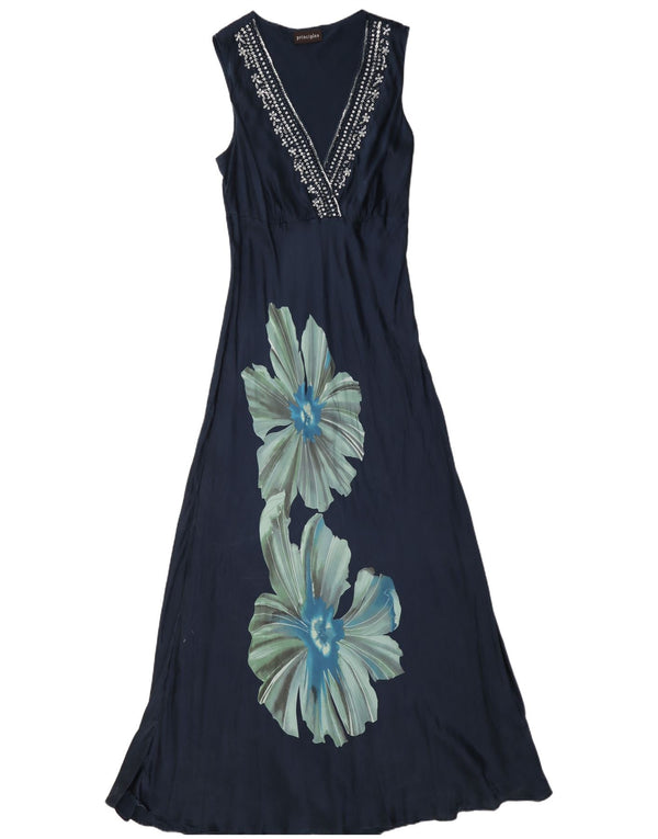 Principles Womens Sleeveless Maxi Dress UK 14 Large Navy Blue Floral Silk