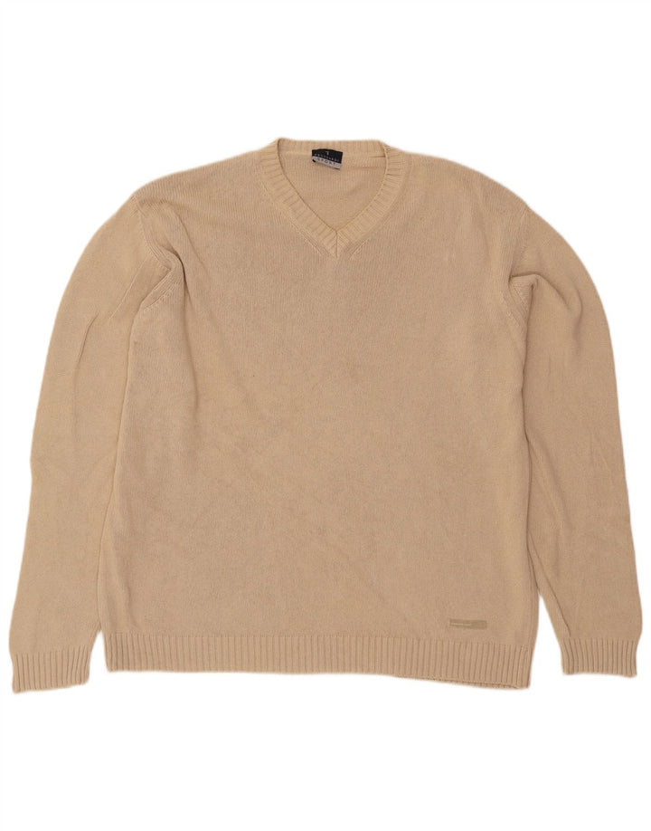 Trussardi Mens V-Neck Jumper Sweater Large Beige Cotton