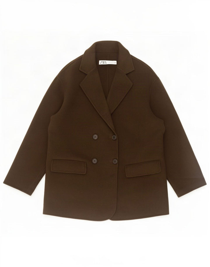 Zara Womens Oversized Double Breasted Blazer Jacket UK 10 Small Khaki Wool