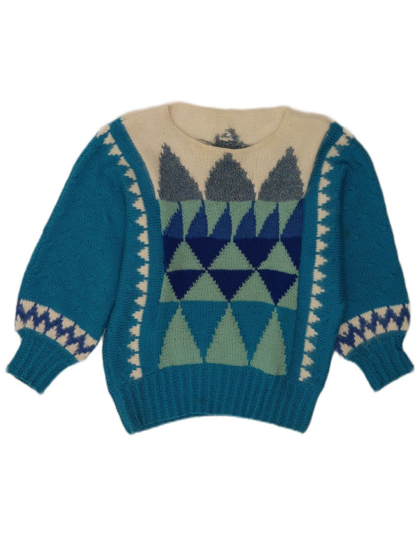 Vintage Womens Boat Neck Jumper Sweater UK 14 Medium Blue Geometric