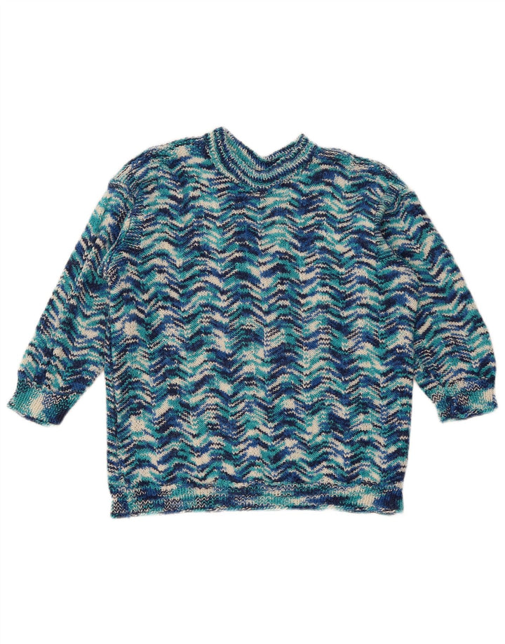 Vintage Womens Crew Neck Jumper Sweater UK 14 Medium Blue Geometric