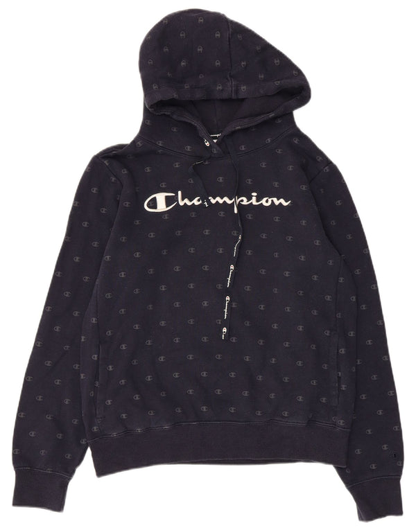 Champion Womens Graphic Hoodie Jumper UK 14 Large Navy Blue Spotted Cotton