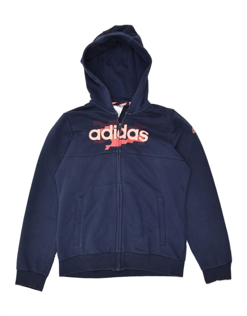 ADIDAS Girls Graphic Zip Hoodie Sweater 11-12 Years Navy Blue Cotton | Vintage Adidas | Thrift | Second-Hand Adidas | Used Clothing | Messina Hembry 