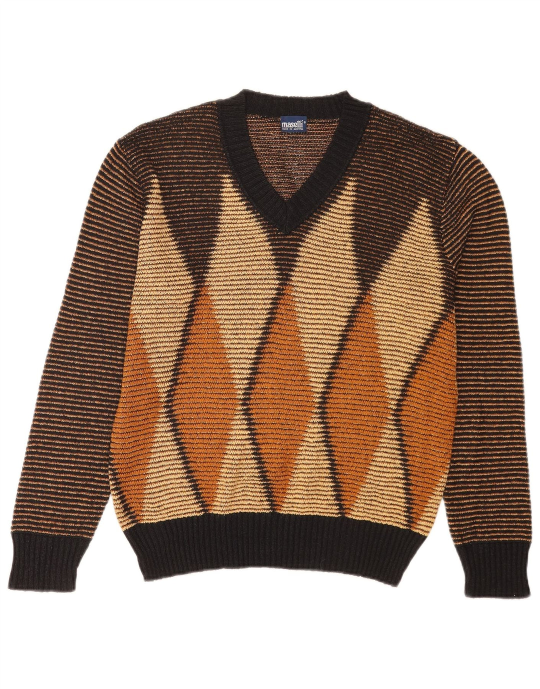 Maselli Mens V-Neck Jumper Sweater EU 50 Medium Brown Argyle/Diamond