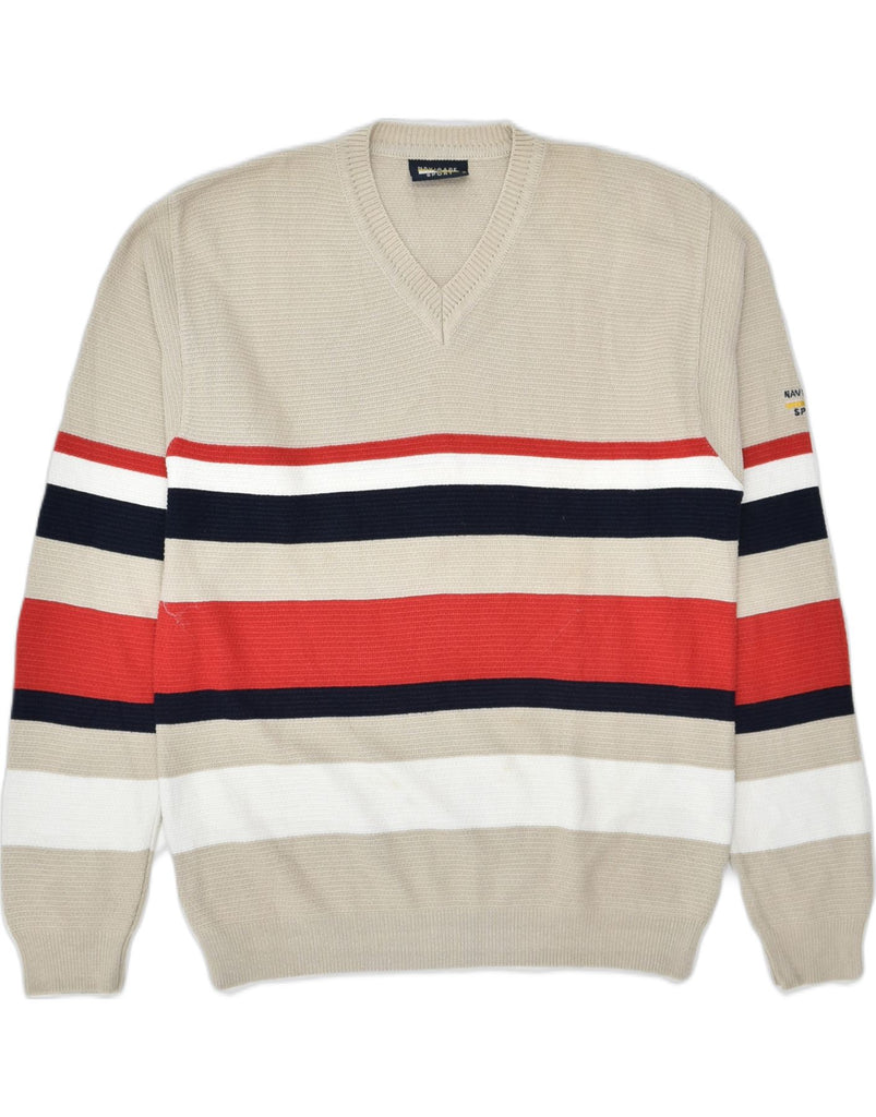 NAVIGARE Mens V-Neck Jumper Sweater Small Beige Striped Cotton | Vintage | Thrift | Second-Hand | Used Clothing | Messina Hembry 