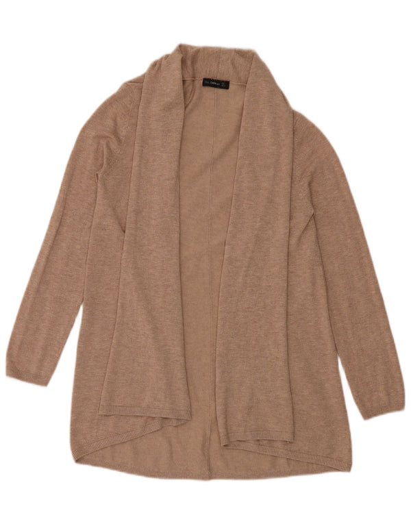 Zara Womens Longline Open Cardigan Sweater UK 14 Large Beige Flecked