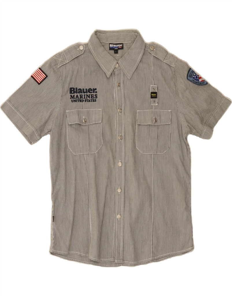 BLAUER Mens Graphic Short Sleeve Shirt Large Grey Pinstripe Cotton Vintage Blauer and Second-Hand Blauer from Messina Hembry 