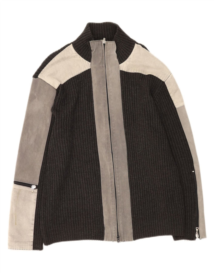 Sasch Mens Cardigan Sweater XL Grey Colourblock Acrylic