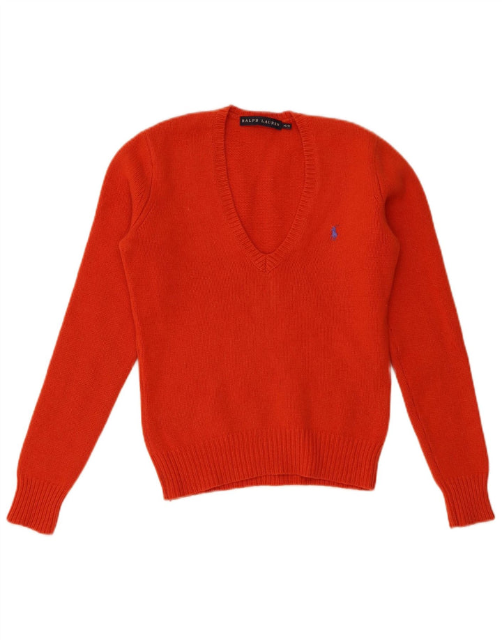 Ralph Lauren Womens V-Neck Jumper Sweater UK 12 Medium Orange Wool