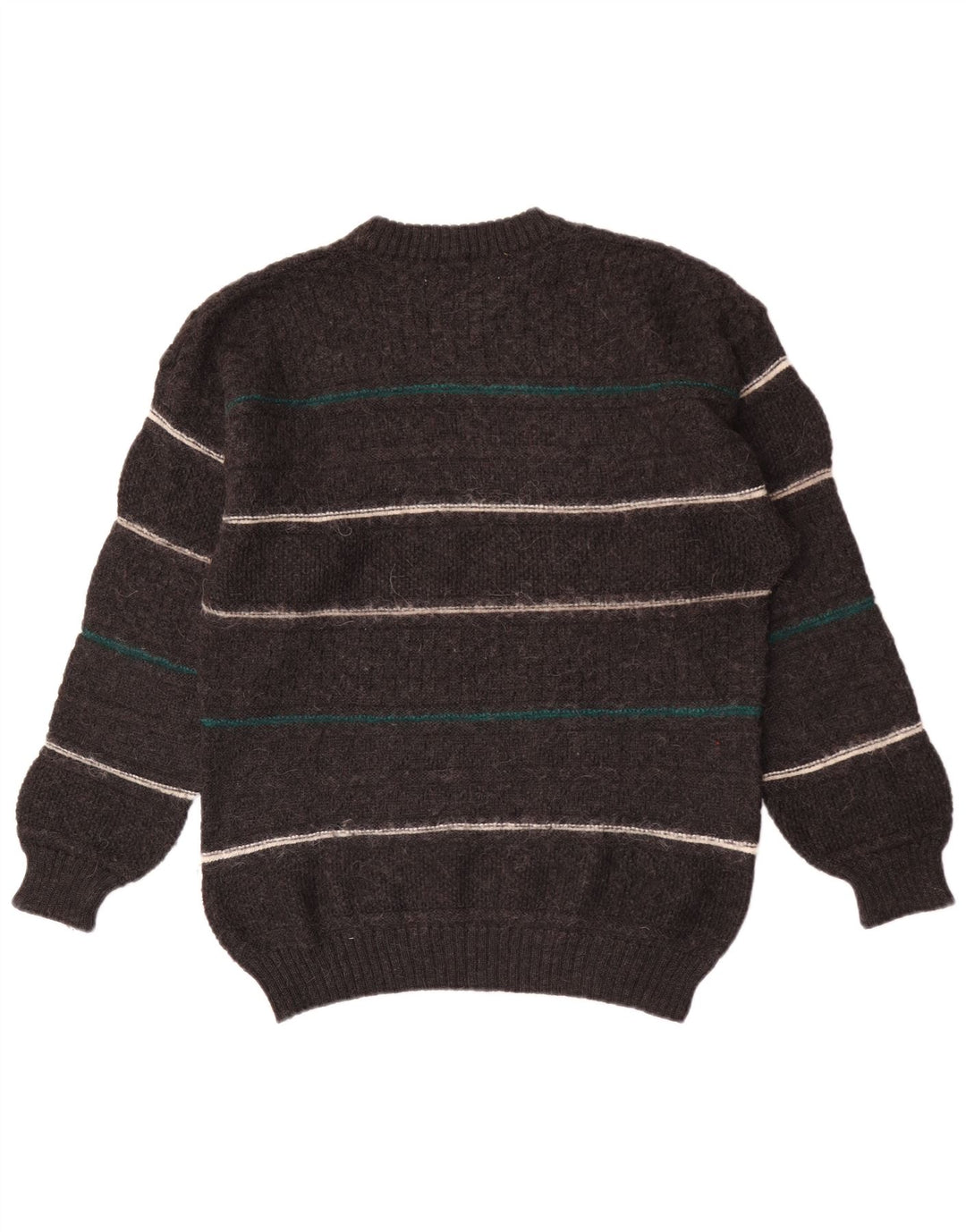 Vintage Mens Crew Neck Jumper Sweater Medium Grey Striped Wool