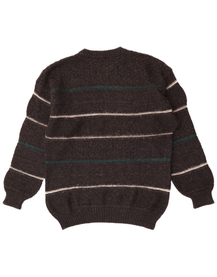Vintage Mens Crew Neck Jumper Sweater Medium Grey Striped Wool