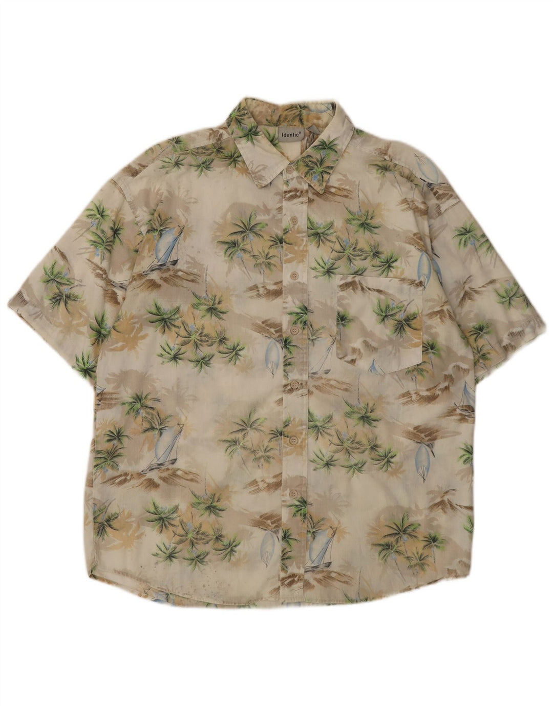 IDENTIC Mens Short Sleeve Shirt Size 41/42 Large Beige Floral Cotton