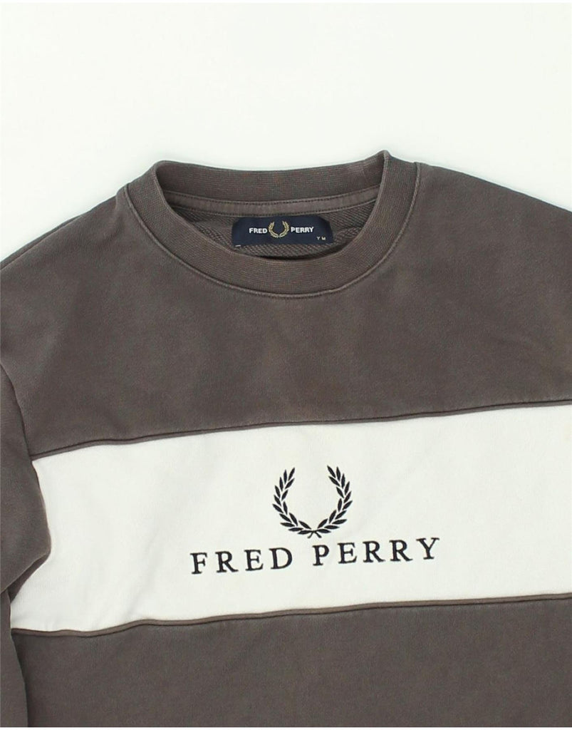 FRED PERRY Boys Graphic Sweatshirt Jumper 12-13 Years Medium Grey Cotton | Vintage Fred Perry | Thrift | Second-Hand Fred Perry | Used Clothing | Messina Hembry 