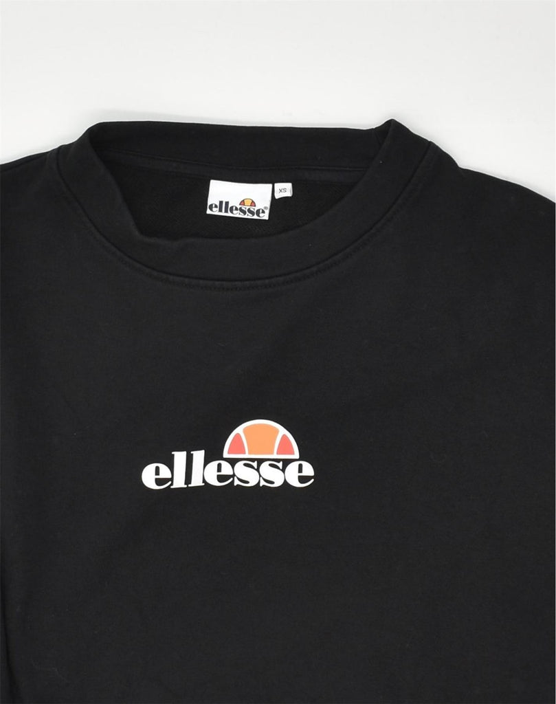 ELLESSE Womens Oversized Graphic Sweatshirt Jumper UK 6 XS Black Cotton | Vintage Ellesse | Thrift | Second-Hand Ellesse | Used Clothing | Messina Hembry 