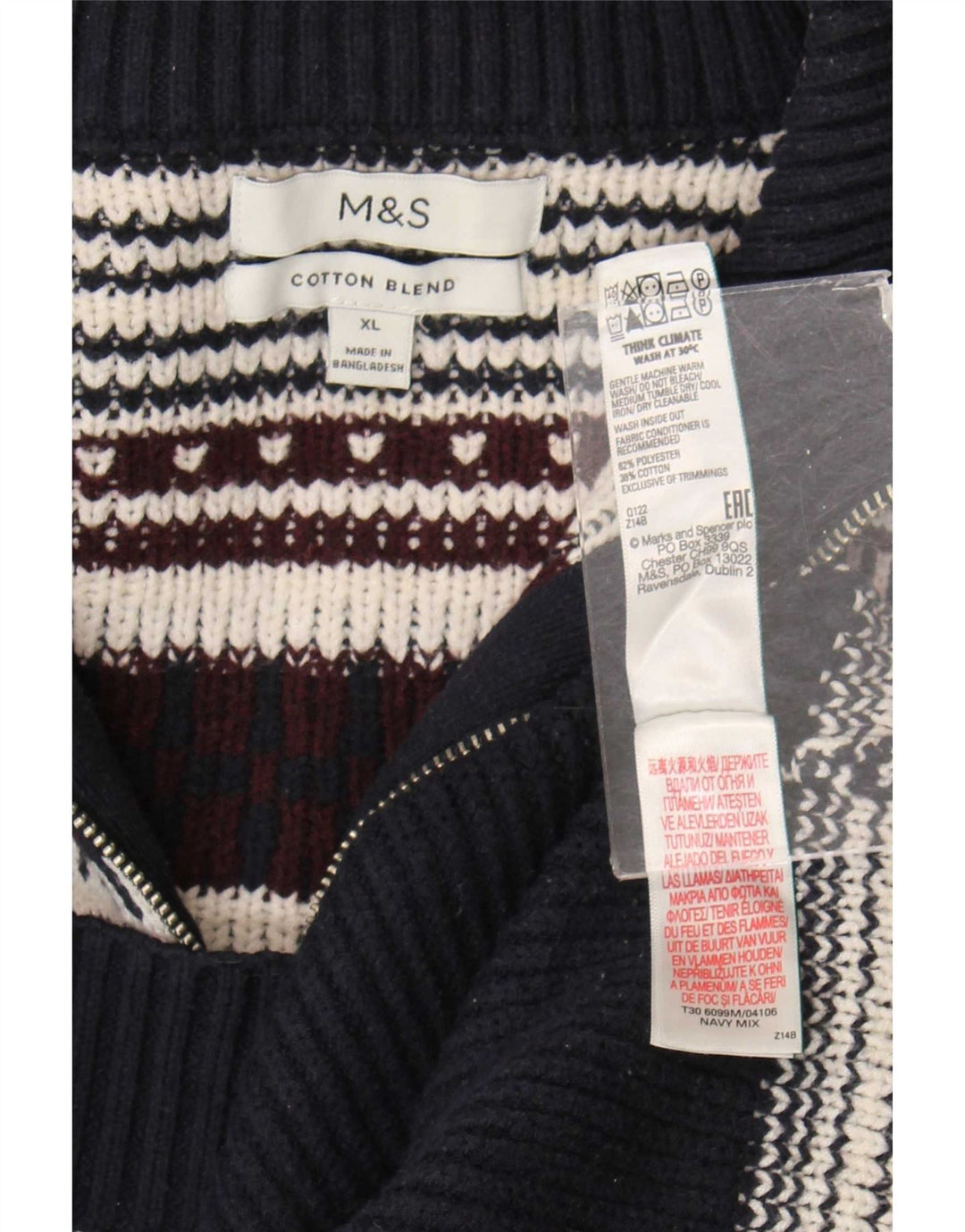 Marks & Spencer Mens Zip Neck Jumper Sweater XL Navy Blue Fair Isle