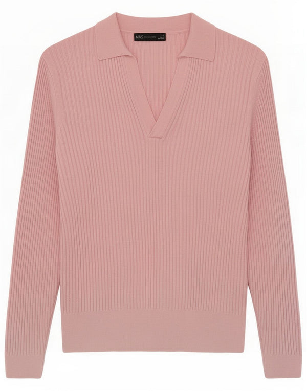 Marks & Spencer Womens Long Sleeve Polo Shirt UK 14 Large Pink Viscose