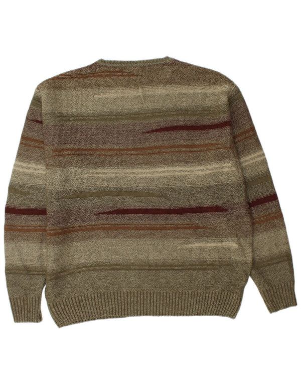 LONDON FOG Mens Crew Neck Jumper Sweater Medium Khaki Striped Acrylic