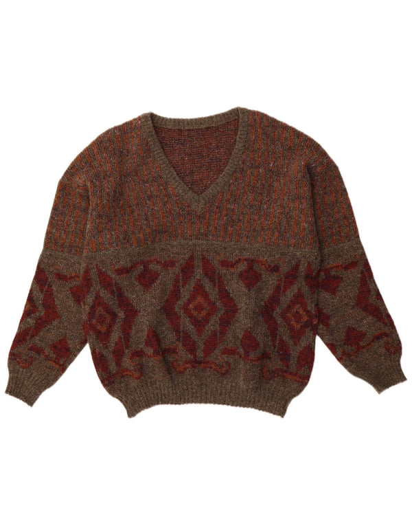 VINTAGE Mens V-Neck Jumper Sweater IT 48 Medium Brown Argyle/Diamond