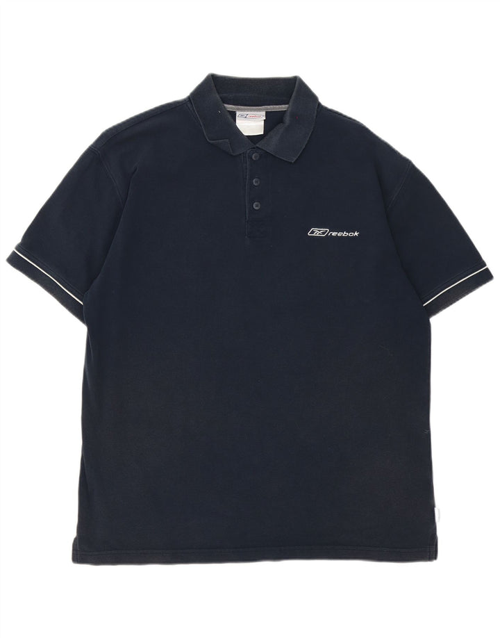 Reebok Mens Polo Shirt Medium Navy Blue Striped Cotton
