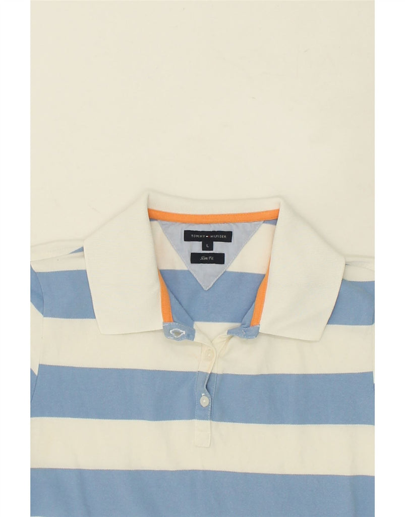TOMMY HILFIGER Womens Slim Fit Polo Shirt UK 14 Large Blue Striped Cotton | Vintage Tommy Hilfiger | Thrift | Second-Hand Tommy Hilfiger | Used Clothing | Messina Hembry 