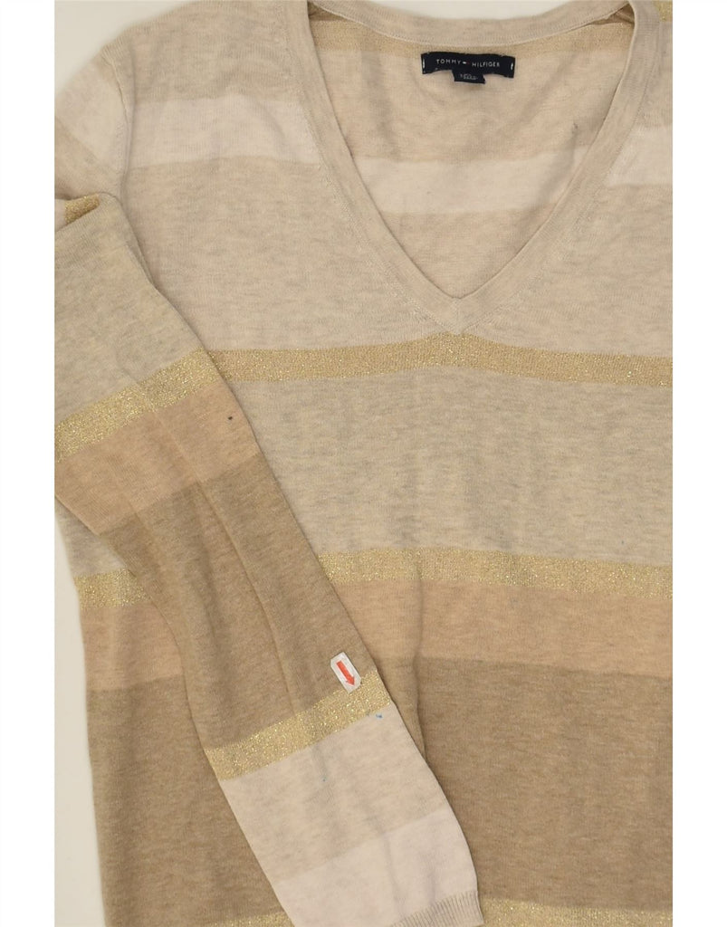 TOMMY HILFIGER Womens V-Neck Jumper Sweater UK 6 XS Beige Striped Cotton | Vintage Tommy Hilfiger | Thrift | Second-Hand Tommy Hilfiger | Used Clothing | Messina Hembry 