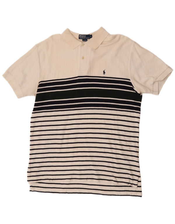 Polo Ralph Lauren Mens Polo Shirt Large Off White Striped Cotton