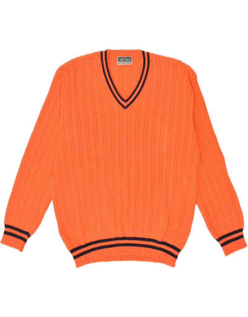 VINTAGE Mens V-Neck Jumper Sweater Large Orange Cotton | Vintage Vintage | Thrift | Second-Hand Vintage | Used Clothing | Messina Hembry 