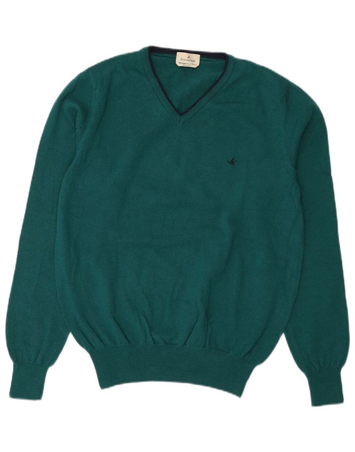 Brooksfield Mens V-Neck Jumper Sweater IT 54 XL Green Wool