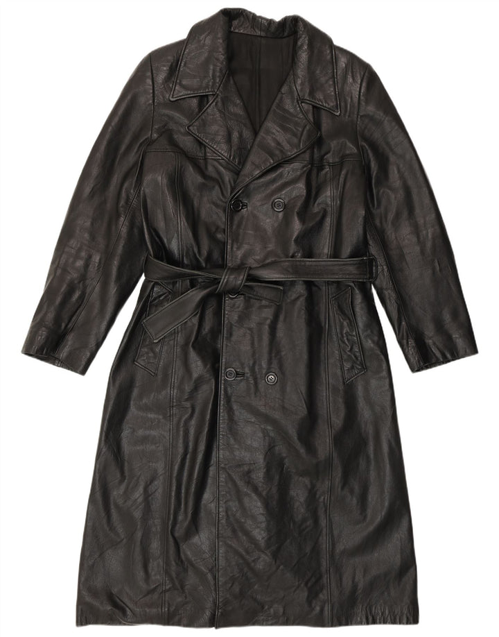 PASCUCCI Mens Double Breasted Leather Coat IT 50 Large Black Leather