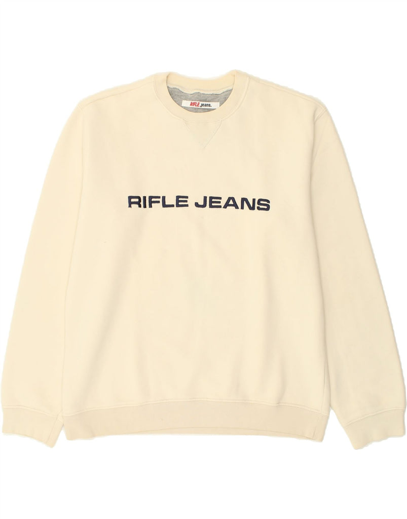 RIFLE Mens Graphic Sweatshirt Jumper XL Off White Cotton | Vintage Rifle | Thrift | Second-Hand Rifle | Used Clothing | Messina Hembry 