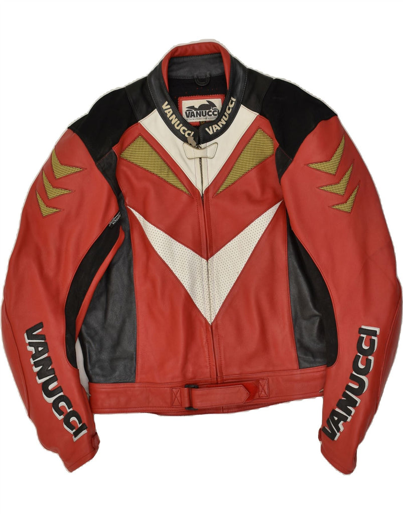 VANUCCI Mens Motorcycle Graphic Biker Jacket Size 58 4XL Red Leather | Vintage Vanucci | Thrift | Second-Hand Vanucci | Used Clothing | Messina Hembry 