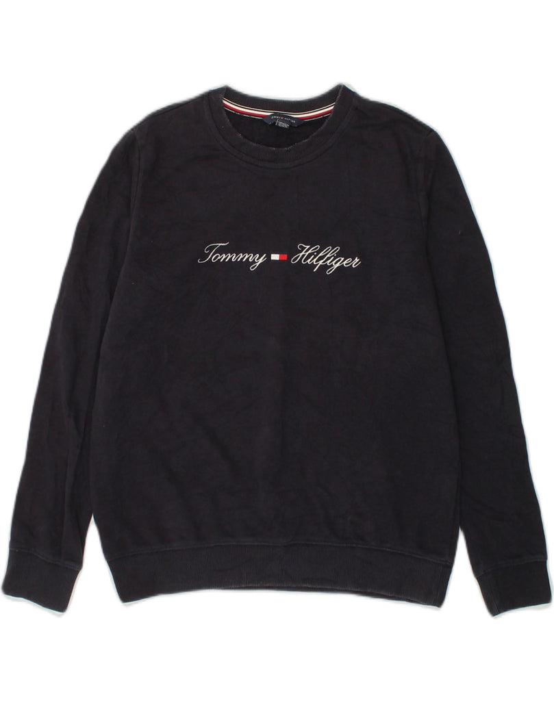 TOMMY HILFIGER Womens Graphic Sweatshirt Jumper UK 6 XS Navy Blue Cotton | Vintage Tommy Hilfiger | Thrift | Second-Hand Tommy Hilfiger | Used Clothing | Messina Hembry 