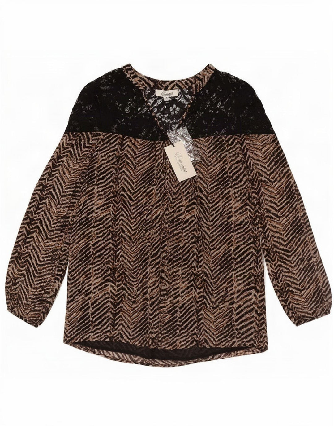 Vintage Womens Long Sleeve Blouse Top UK 12 Medium Brown Chevron Polyester
