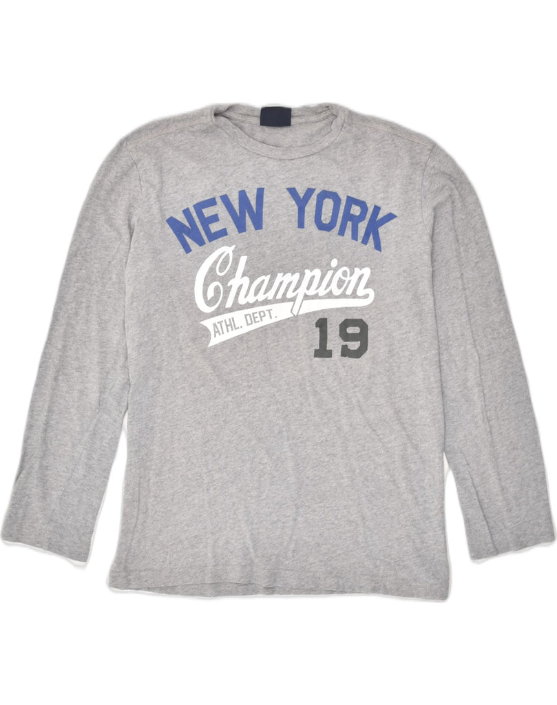 CHAMPION Mens New York Graphic Top Long Sleeve Small Grey Cotton | Vintage Champion | Thrift | Second-Hand Champion | Used Clothing | Messina Hembry 