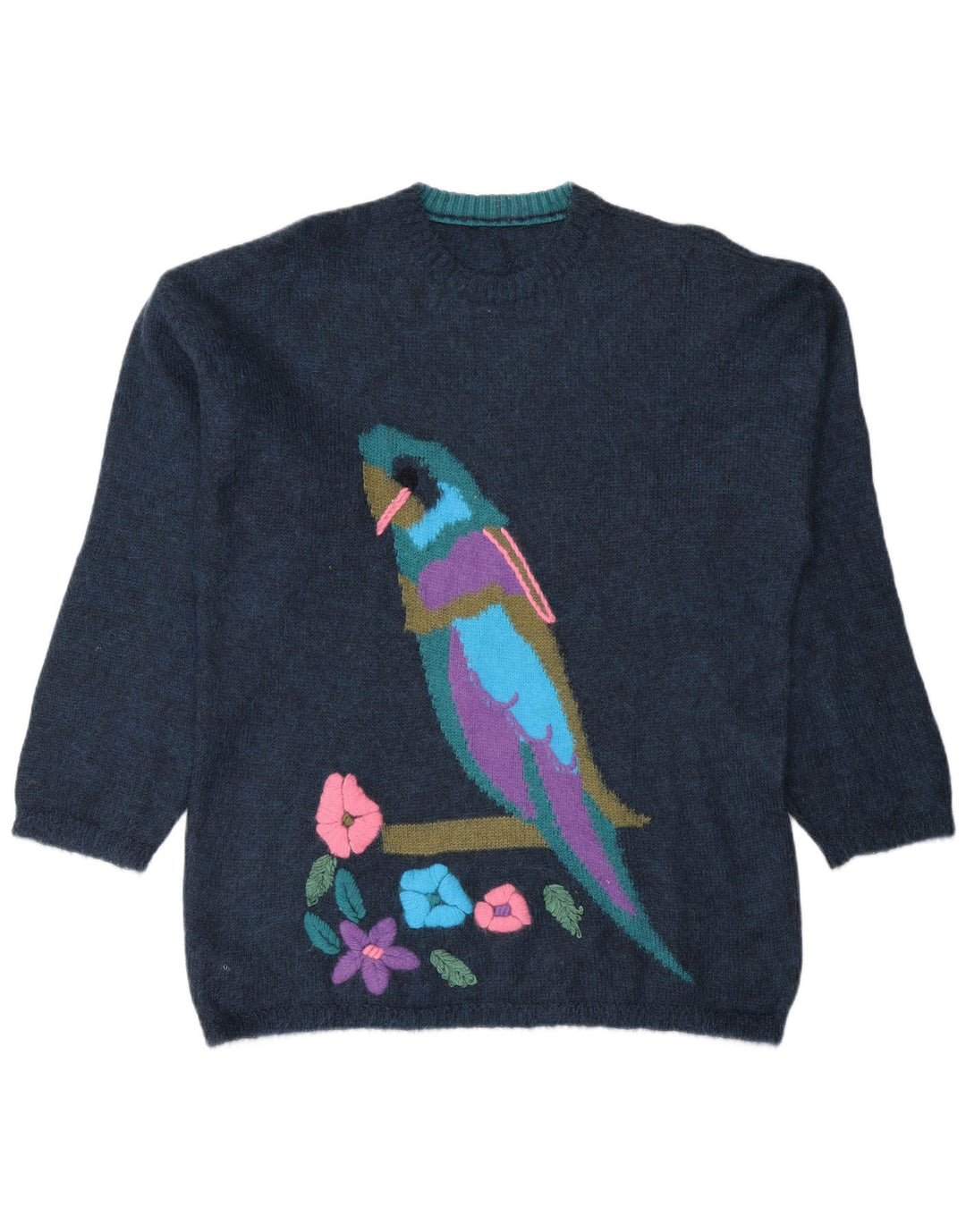 Vintage Womens Graphic Crew Neck Jumper Sweater UK 14 Medium Navy Blue