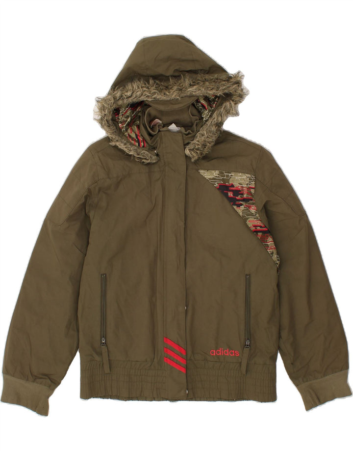 ADIDAS Girls Hooded Windbreaker Jacket 13-14 Years Khaki Polyester Vintage Adidas and Second-Hand Adidas from Messina Hembry 