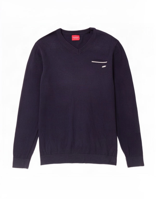 Guess Mens V-Neck Jumper Sweater Medium Navy Blue Cotton