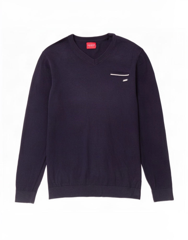 Guess Mens V-Neck Jumper Sweater Medium Navy Blue Cotton