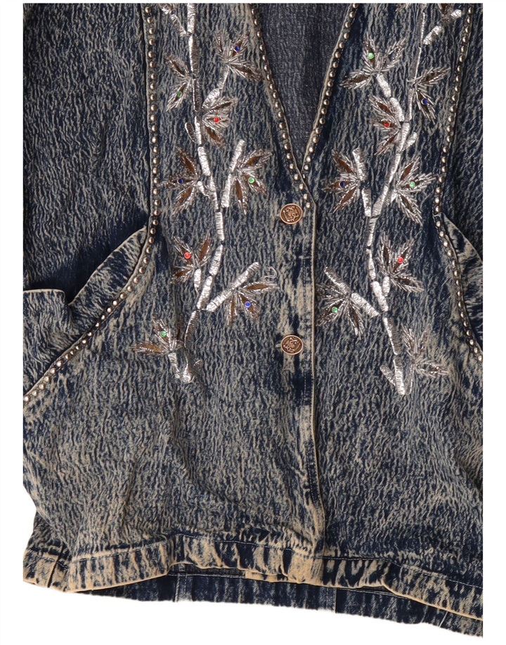 JAZZINO Womens 3/4 Sleeve Oversized Denim Jacket UK 18 XL Blue Floral