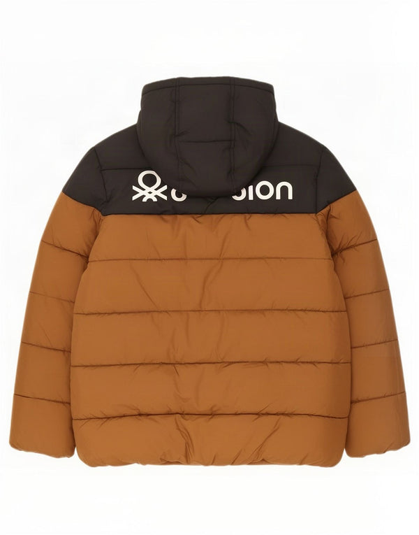 Benetton Boys Graphic Hooded Padded Jacket 10-11 Years XL Brown Colourblock