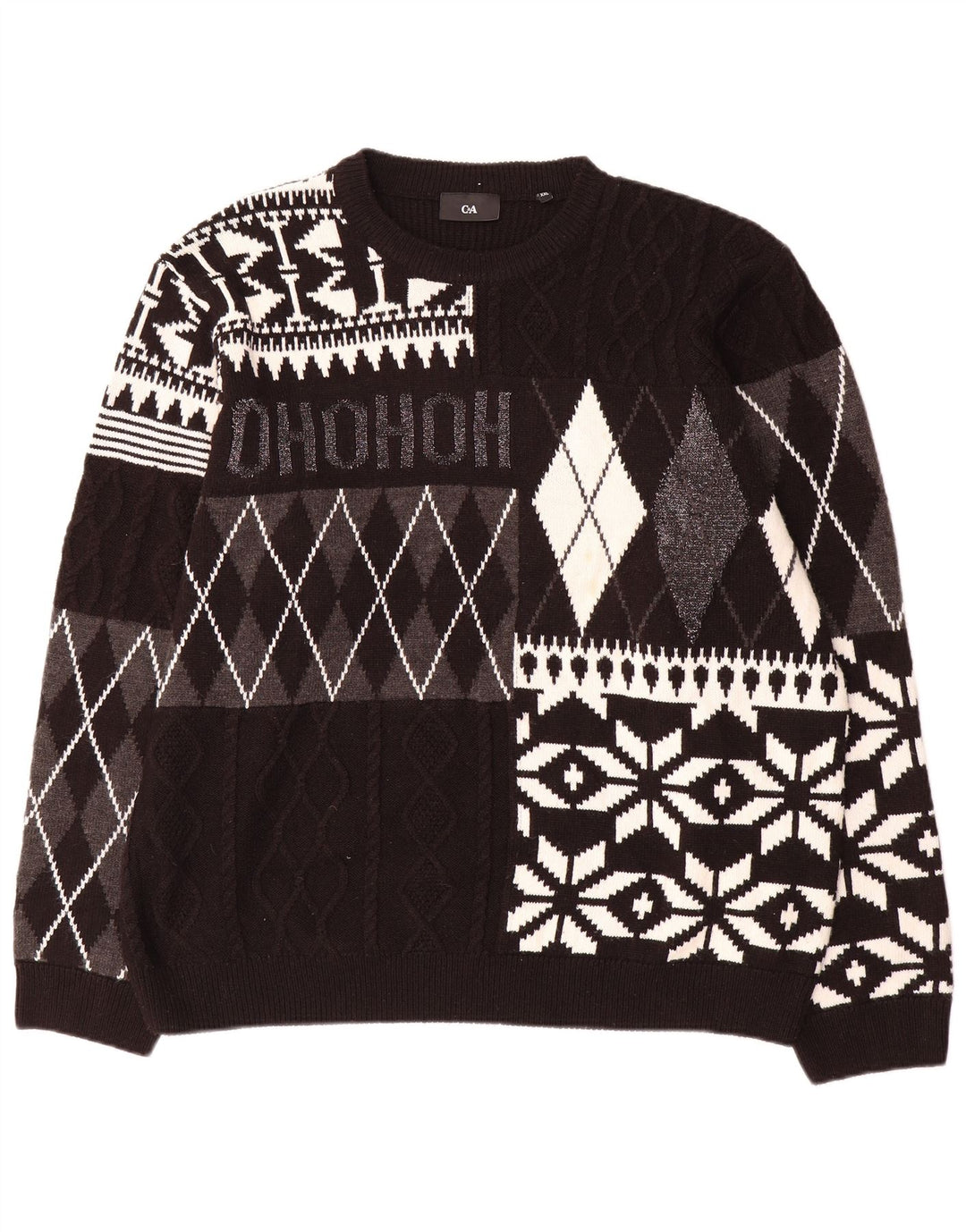 C & A Mens Crew Neck Jumper Sweater 2XL Black Patchwork Acrylic