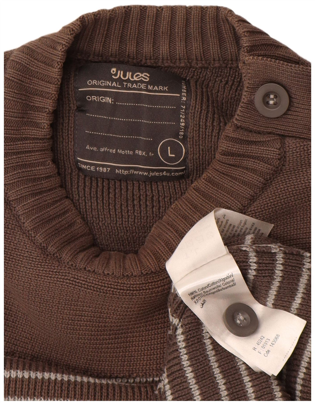 JULES Mens Crew Neck Jumper Sweater Large Brown Striped Cotton