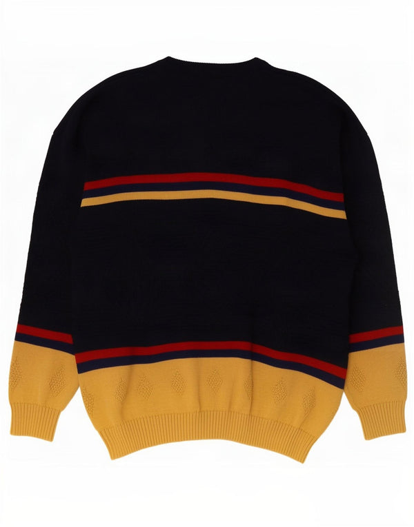Vintage Mens Graphic Crew Neck Jumper Sweater XL Navy Blue Colourblock