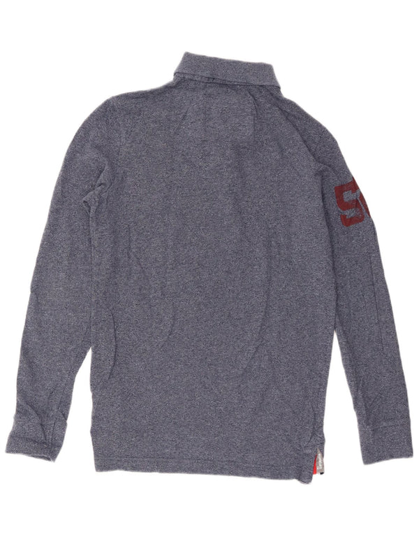 Superdry Mens Graphic Long Sleeve Polo Shirt Small Navy Blue Flecked Cotton