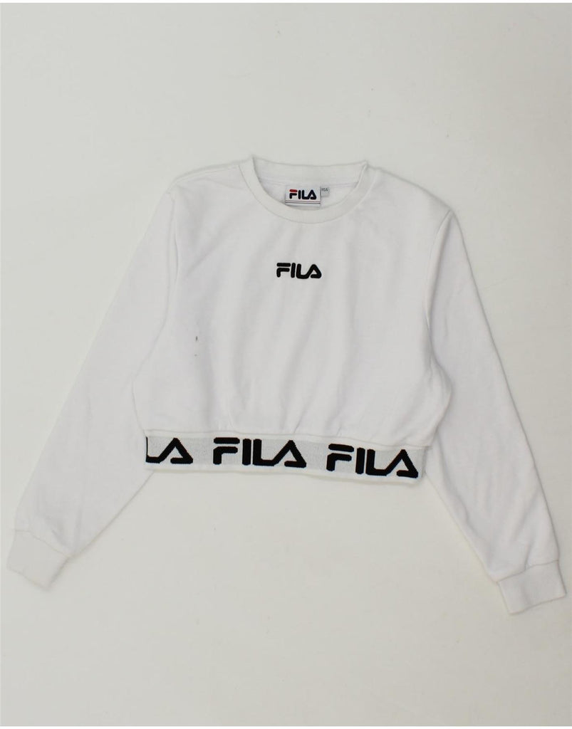 FILA Girls Graphic Sweatshirt Jumper 5-6 Years 2XS White Cotton Vintage Fila and Second-Hand Fila from Messina Hembry 