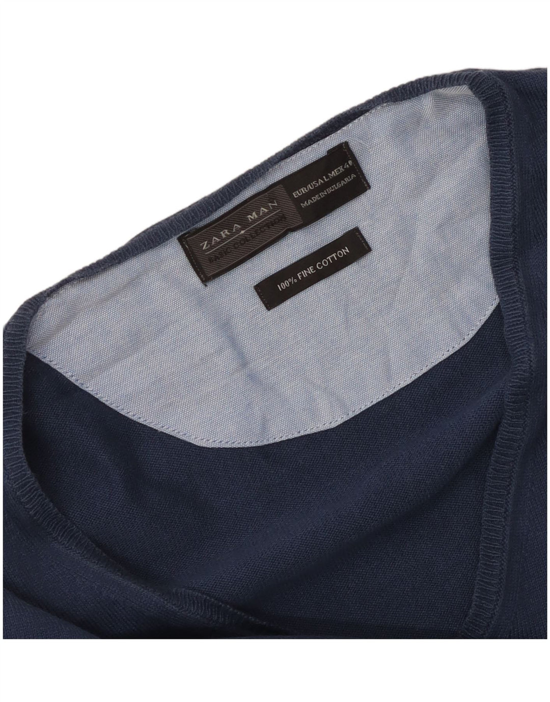 Zara Mens V-Neck Jumper Sweater Large Navy Blue Cotton