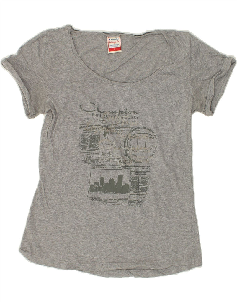 CHAMPION Womens Graphic T-Shirt Top UK 16 Large Grey Cotton | Vintage Champion | Thrift | Second-Hand Champion | Used Clothing | Messina Hembry 