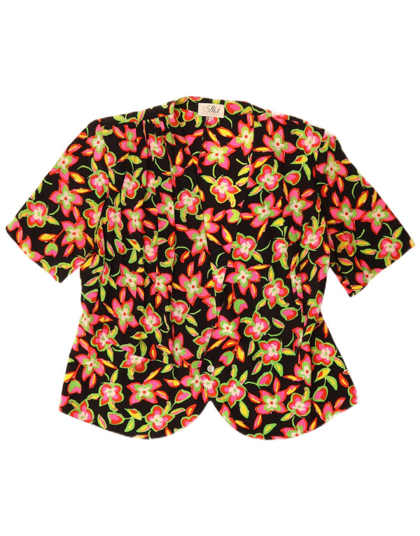 Vintage Womens Short Sleeve Shirt Blouse IT 46 Large Black Floral Silk