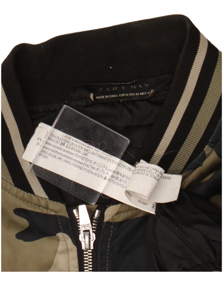 Zara Mens Graphic Bomber Jacket UK 38 Medium Khaki Camouflage Polyester