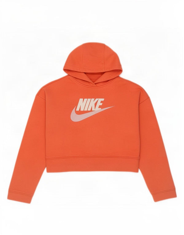 Nike Girls Crop Graphic Hoodie Jumper 10-11 Years Medium Orange Cotton